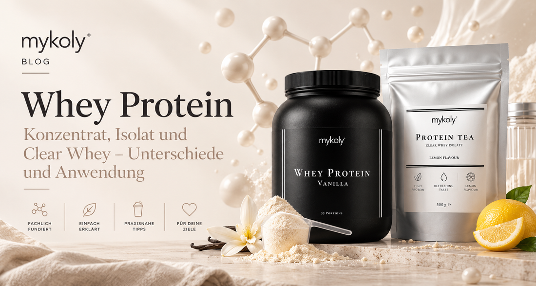 mykoly® Whey Protein und Clear Whey Protein Tea – Vergleich von Whey Konzentrat, Isolat und Clear Whey mit Proteinpulver und Scoop